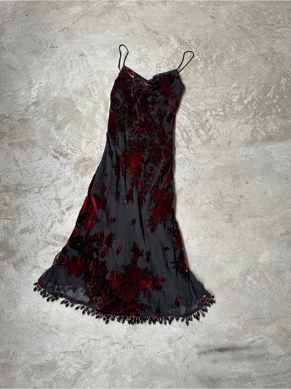 90’s Vintage Betsy Johnson black red beaded fringe waterfall dress XS velvet